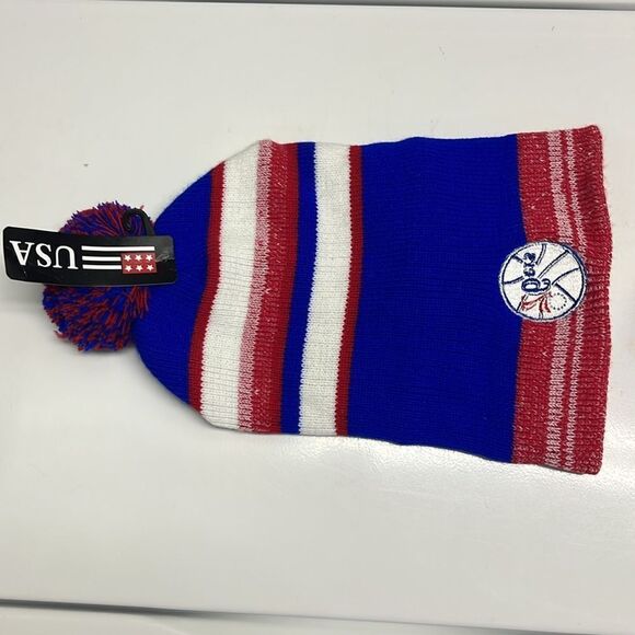 USA Striped Philadelphia 76ers Foldup Striped Winter Acrylic Hat Pom Pom- NEW - Picture 3 of 10